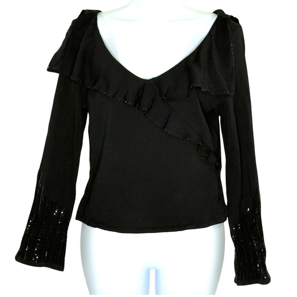 St John Evening 2 Black Sequin Ruffle Evening Top Santana Knit Country Club